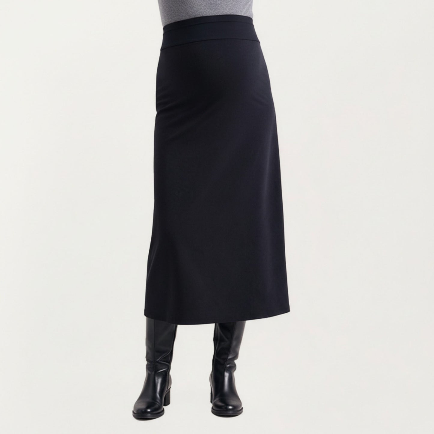 Maternity High Waist Stretch Knit Midi Skirt with Seamless Support Panel and Smooth Flattering Soft Draped Silhouette