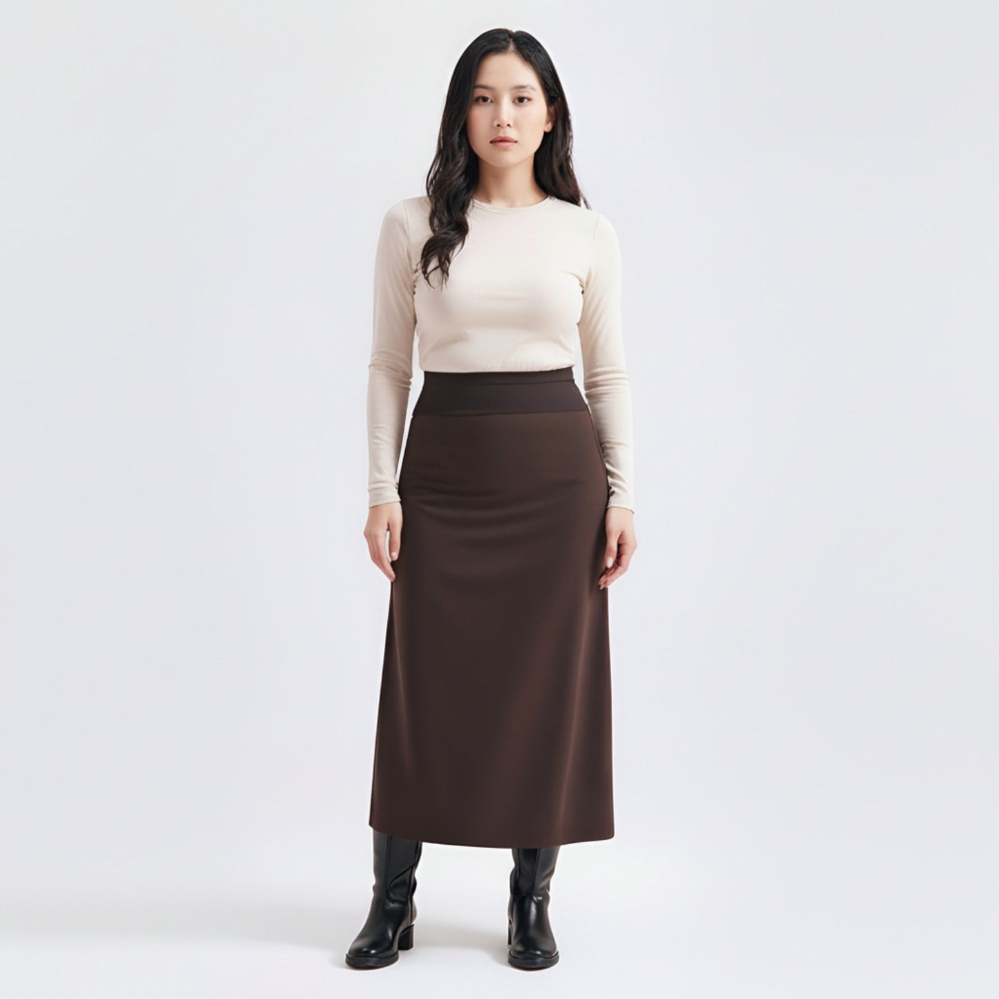 Maternity High Waist Stretch Knit Midi Skirt with Seamless Support Panel and Smooth Flattering Soft Draped Silhouette
