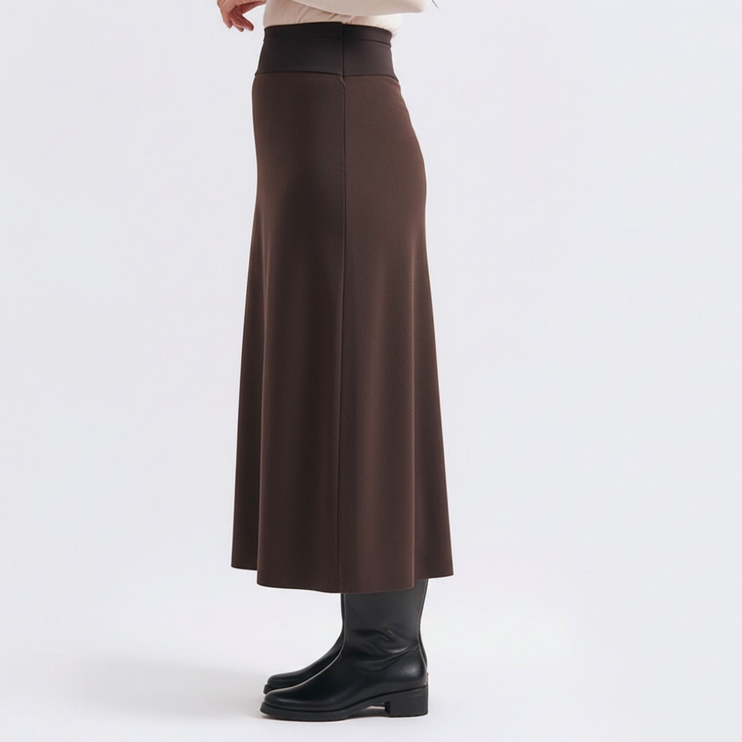 Maternity High Waist Stretch Knit Midi Skirt with Seamless Support Panel and Smooth Flattering Soft Draped Silhouette