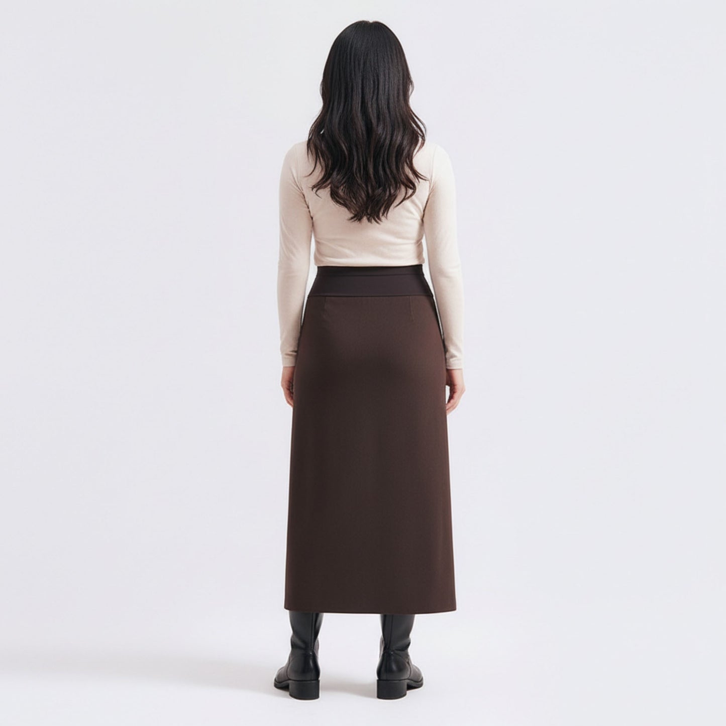 Maternity High Waist Stretch Knit Midi Skirt with Seamless Support Panel and Smooth Flattering Soft Draped Silhouette
