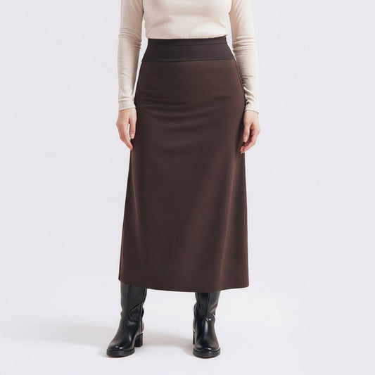 Maternity High Waist Stretch Knit Midi Skirt with Seamless Support Panel and Smooth Flattering Soft Draped Silhouette