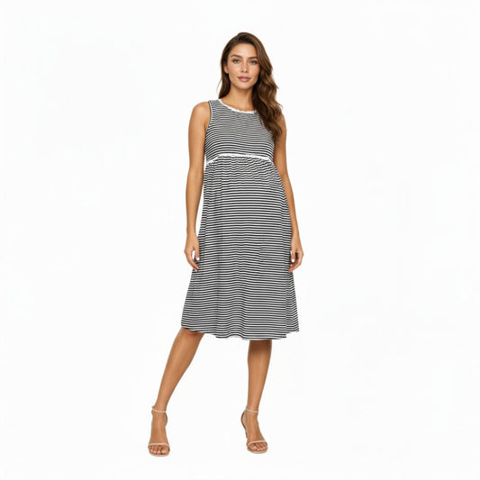 Maternity Sleeveless Stripe Midi Dress with Soft Stretch Knit Fabric and Flattering Empire Waist