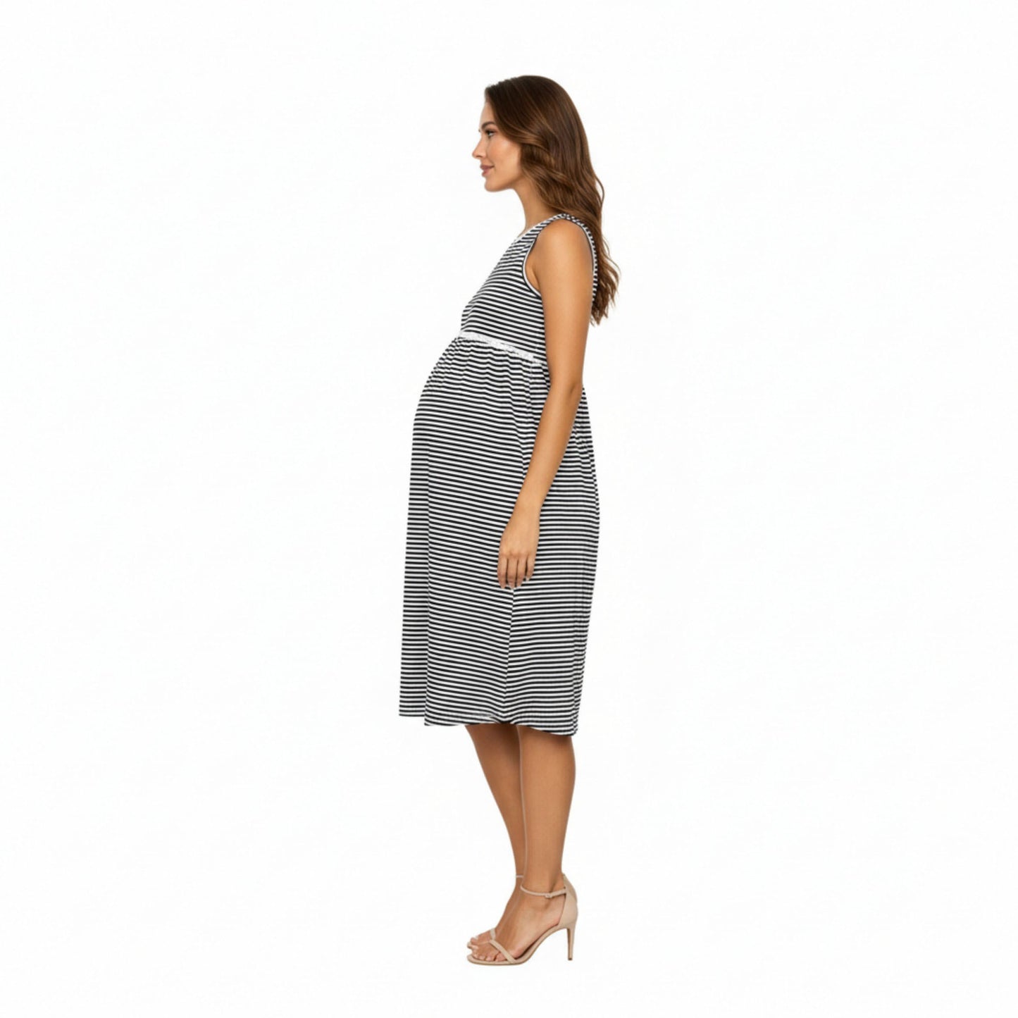Maternity Sleeveless Stripe Midi Dress with Soft Stretch Knit Fabric and Flattering Empire Waist