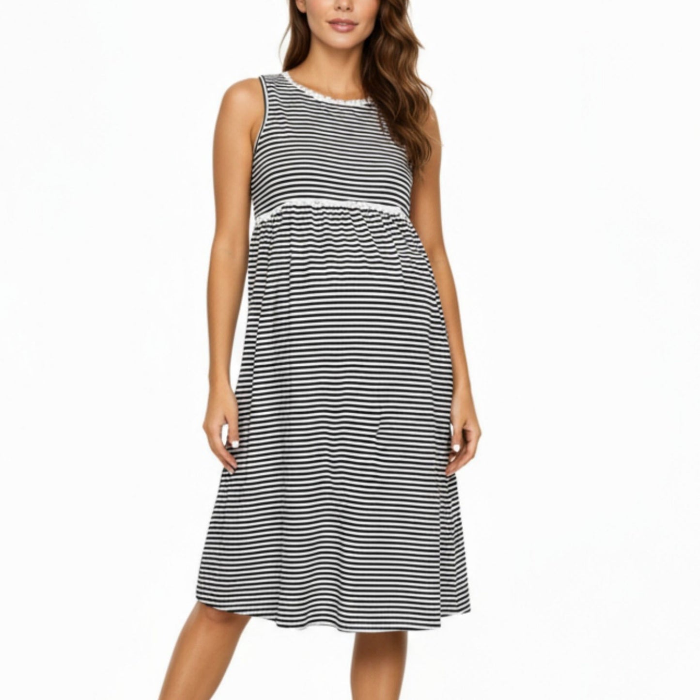 Maternity Sleeveless Stripe Midi Dress with Soft Stretch Knit Fabric and Flattering Empire Waist