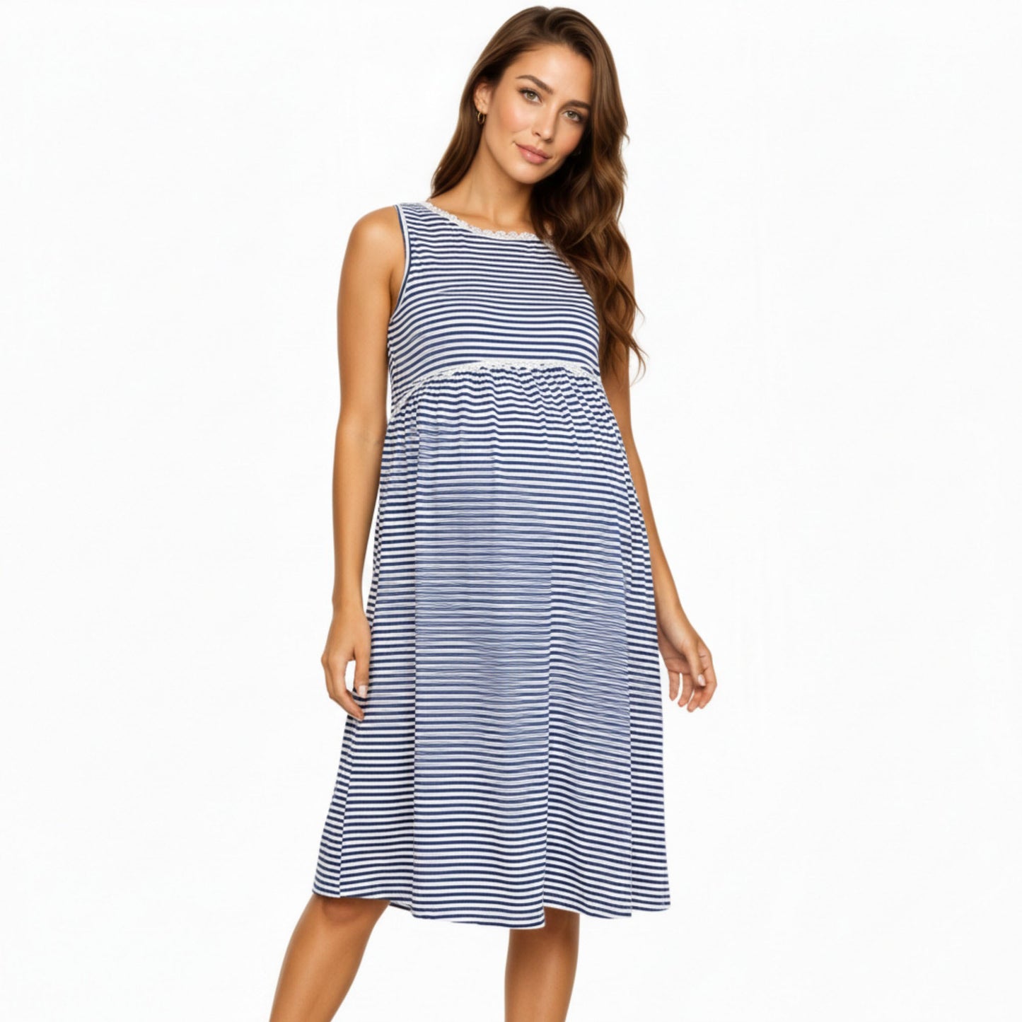 Maternity Sleeveless Stripe Midi Dress with Soft Stretch Knit Fabric and Flattering Empire Waist
