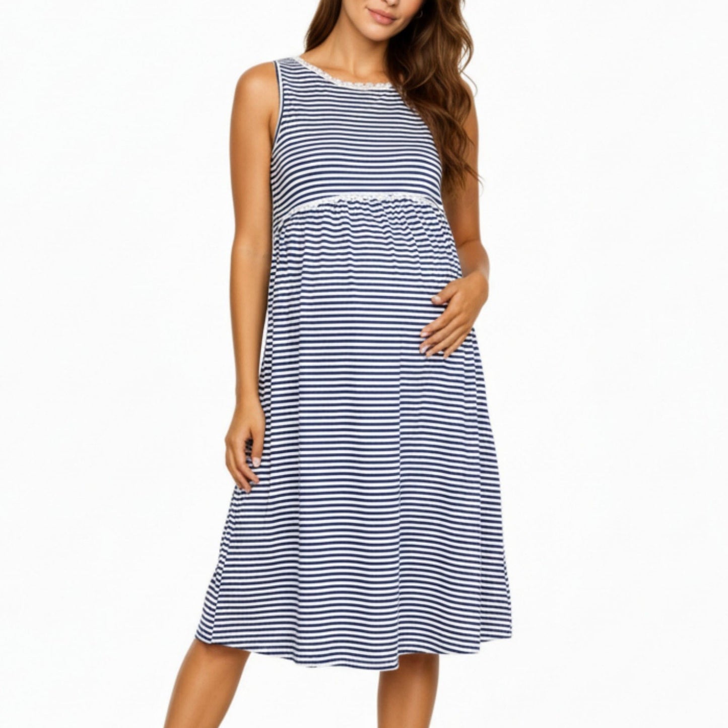 Maternity Sleeveless Stripe Midi Dress with Soft Stretch Knit Fabric and Flattering Empire Waist