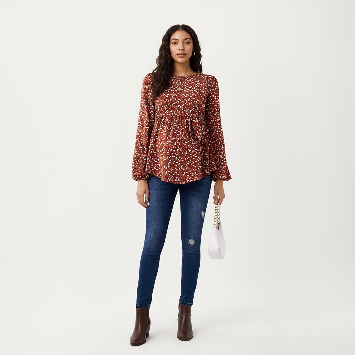 Maternity Top with Long Sleeves Soft Draped Fabric Delicate Allover Pattern and Adjustable Tie Waist for Flattering Shape