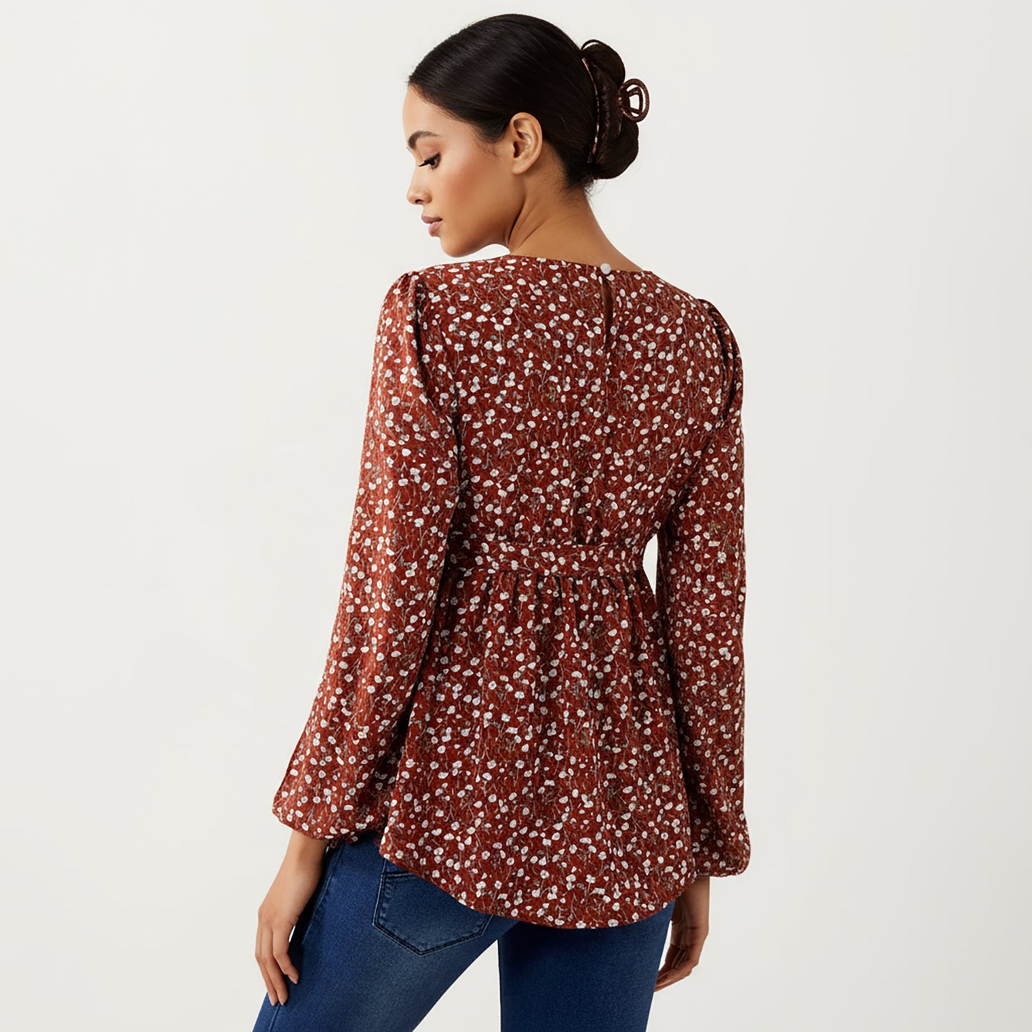 Maternity Top with Long Sleeves Soft Draped Fabric Delicate Allover Pattern and Adjustable Tie Waist for Flattering Shape