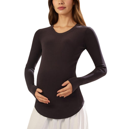 Maternity Long Sleeve Stretch Knit Top with Soft Seamless Fit and Gentle Belly-Shaping Silhouette