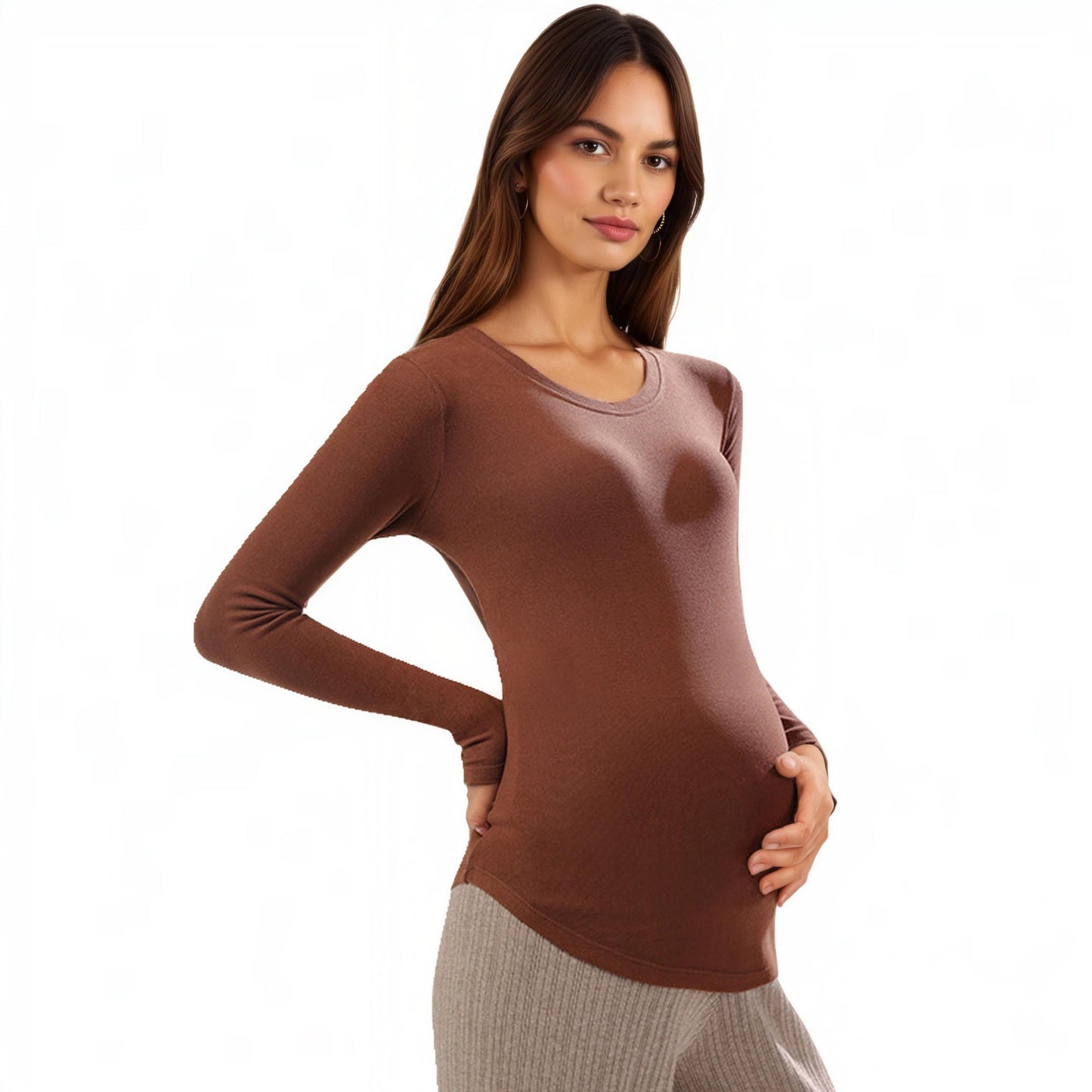 Maternity Long Sleeve Stretch Knit Top with Soft Seamless Fit and Gentle Belly-Shaping Silhouette