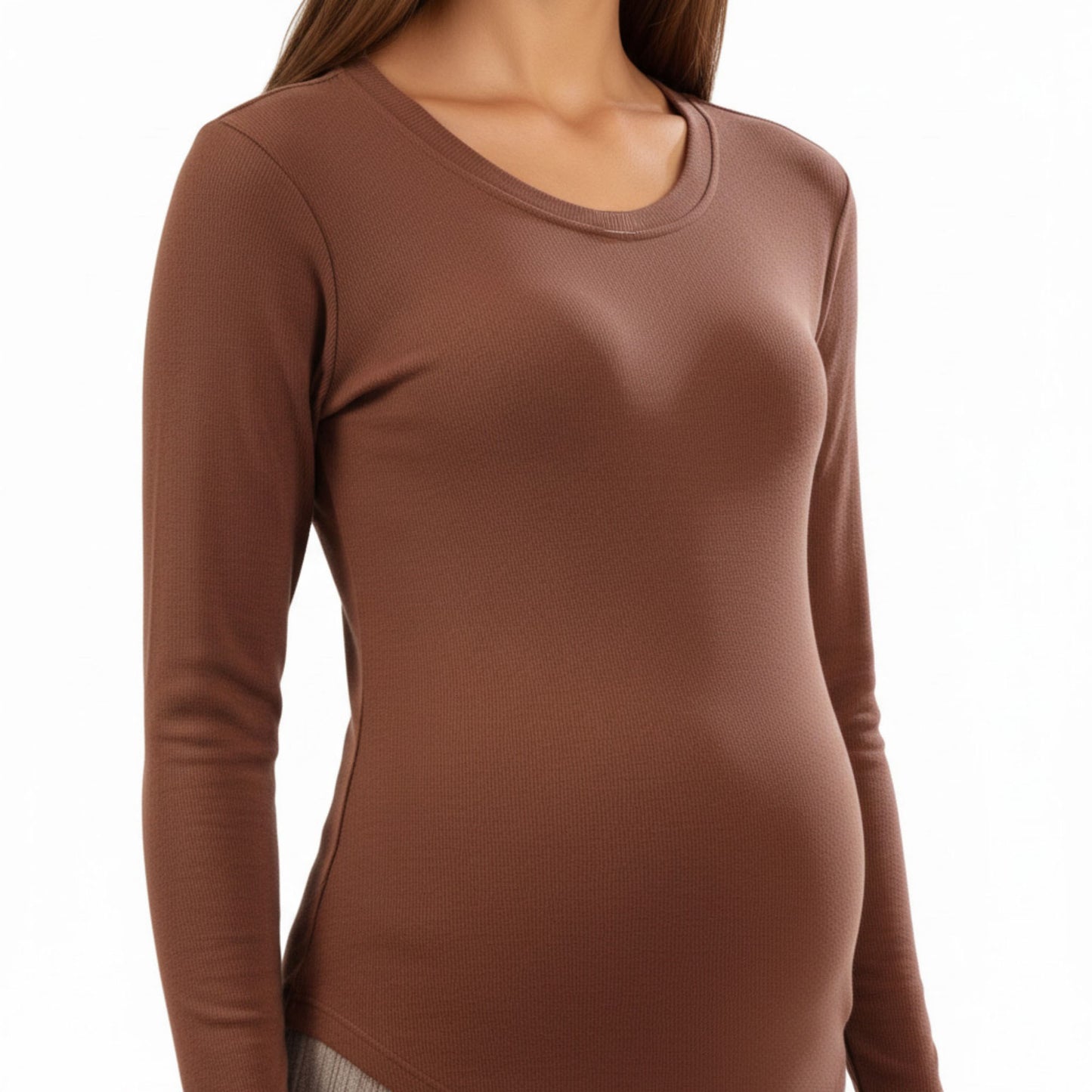 Maternity Long Sleeve Stretch Knit Top with Soft Seamless Fit and Gentle Belly-Shaping Silhouette
