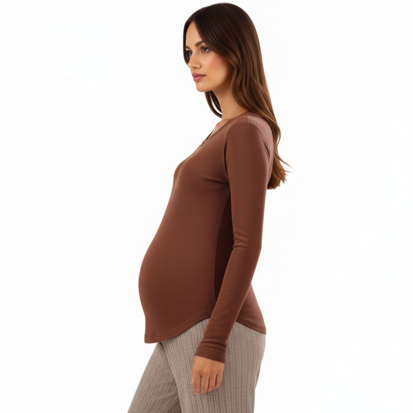 Maternity Long Sleeve Stretch Knit Top with Soft Seamless Fit and Gentle Belly-Shaping Silhouette