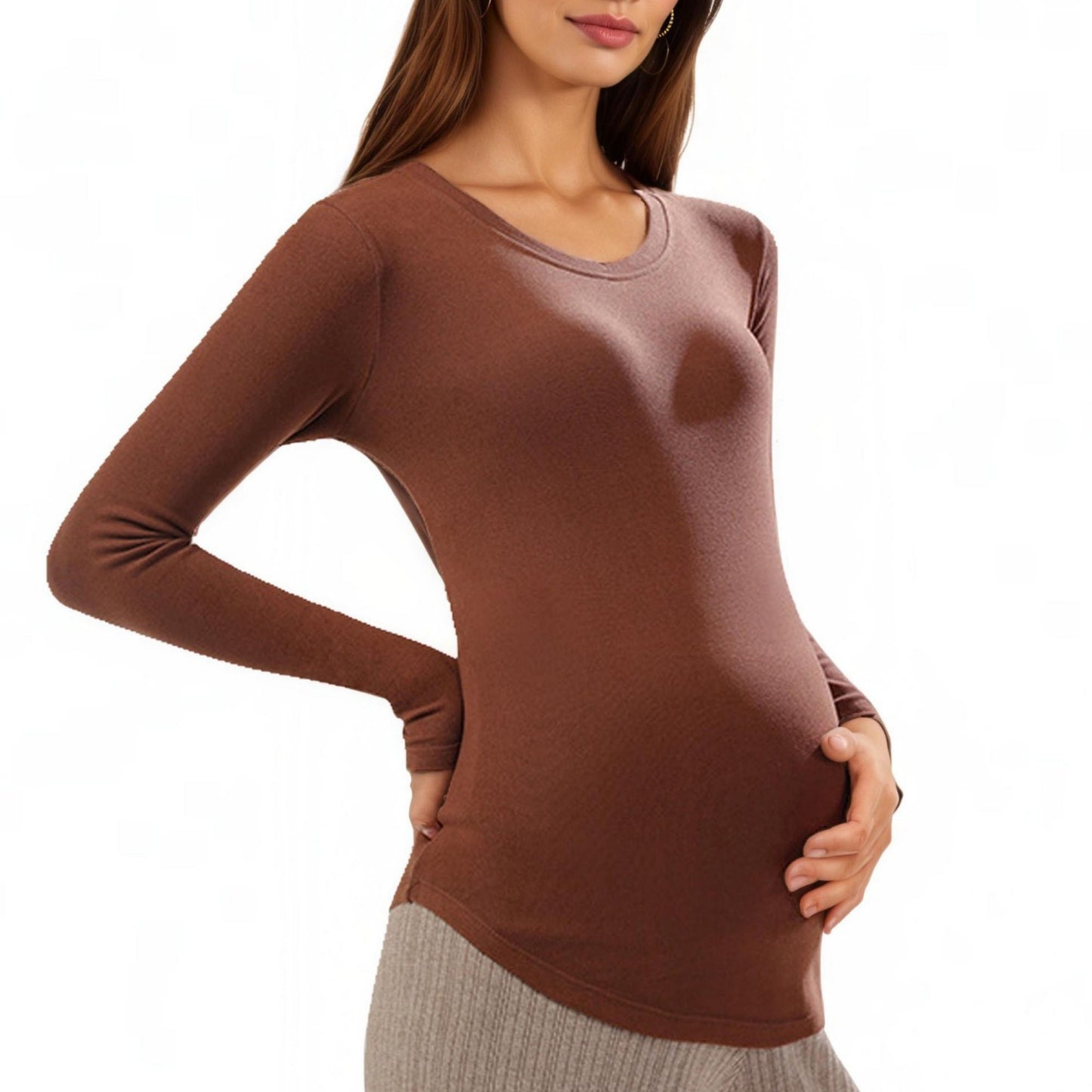 Maternity Long Sleeve Stretch Knit Top with Soft Seamless Fit and Gentle Belly-Shaping Silhouette