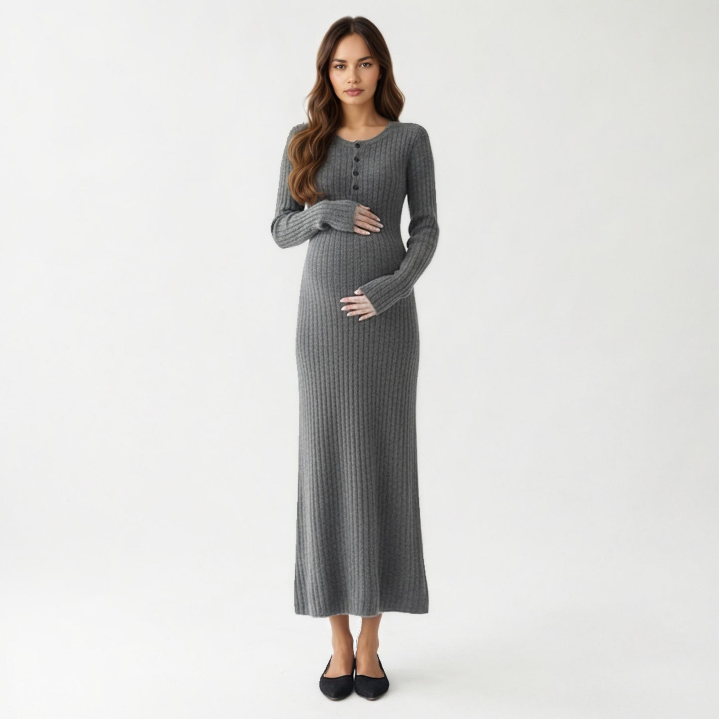 Ribbed Knit Maternity Maxi Dress with Long Sleeves Soft Stretch Fabric and Flattering Button Front Detail