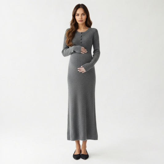 Ribbed Knit Maternity Maxi Dress with Long Sleeves Soft Stretch Fabric and Flattering Button Front Detail