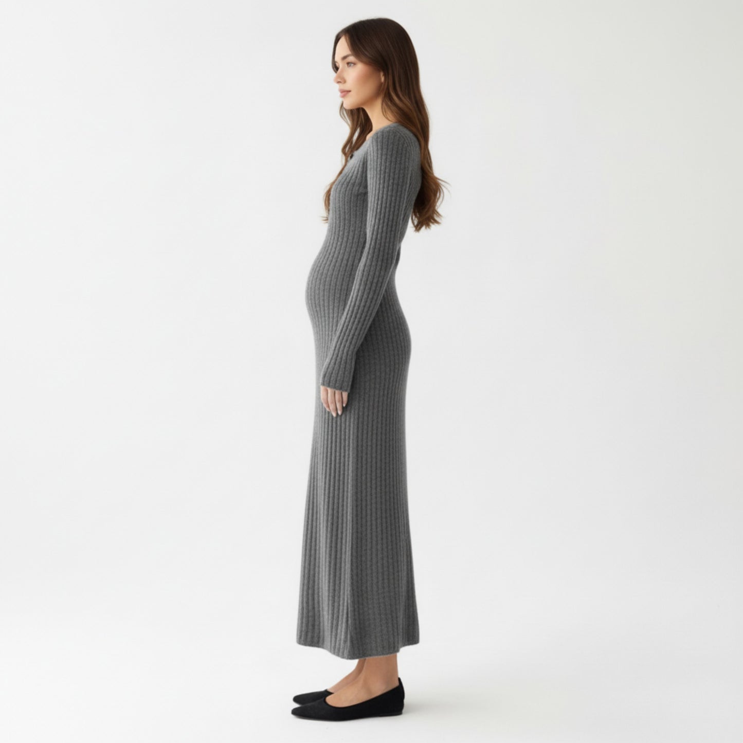 Ribbed Knit Maternity Maxi Dress with Long Sleeves Soft Stretch Fabric and Flattering Button Front Detail