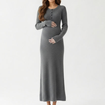 Ribbed Knit Maternity Maxi Dress with Long Sleeves Soft Stretch Fabric and Flattering Button Front Detail