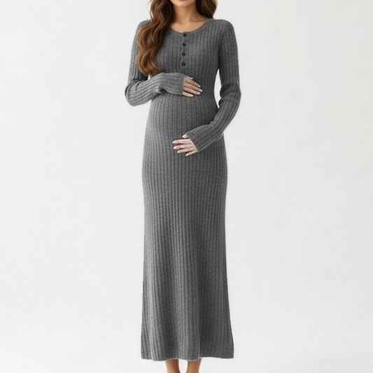 Ribbed Knit Maternity Maxi Dress with Long Sleeves Soft Stretch Fabric and Flattering Button Front Detail