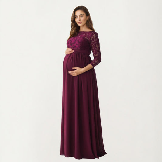 Lace Bodice Maternity Maxi Dress with Sheer Three-Quarter Sleeves and Soft Flowing Skirt for Elegant Comfort