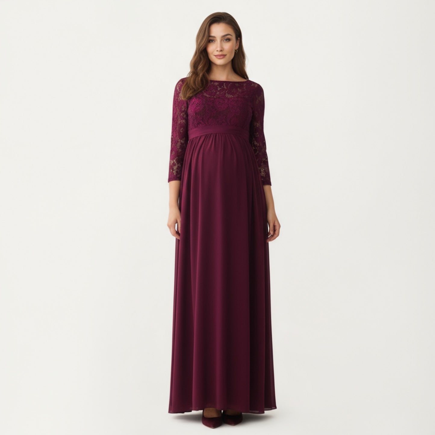 Lace Bodice Maternity Maxi Dress with Sheer Three-Quarter Sleeves and Soft Flowing Skirt for Elegant Comfort