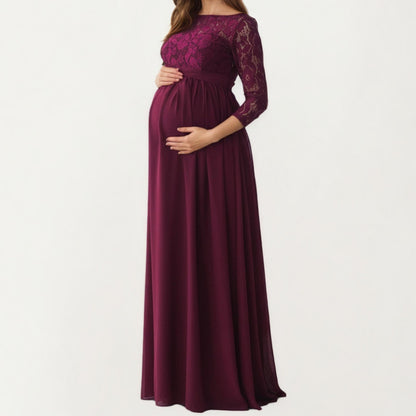 Lace Bodice Maternity Maxi Dress with Sheer Three-Quarter Sleeves and Soft Flowing Skirt for Elegant Comfort