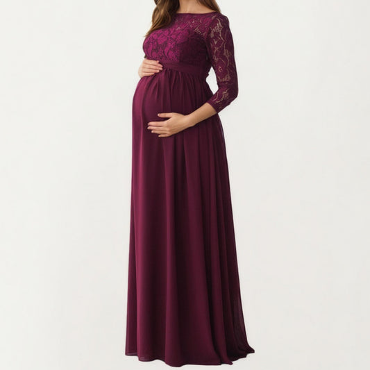 Lace Bodice Maternity Maxi Dress with Sheer Three-Quarter Sleeves and Soft Flowing Skirt for Elegant Comfort