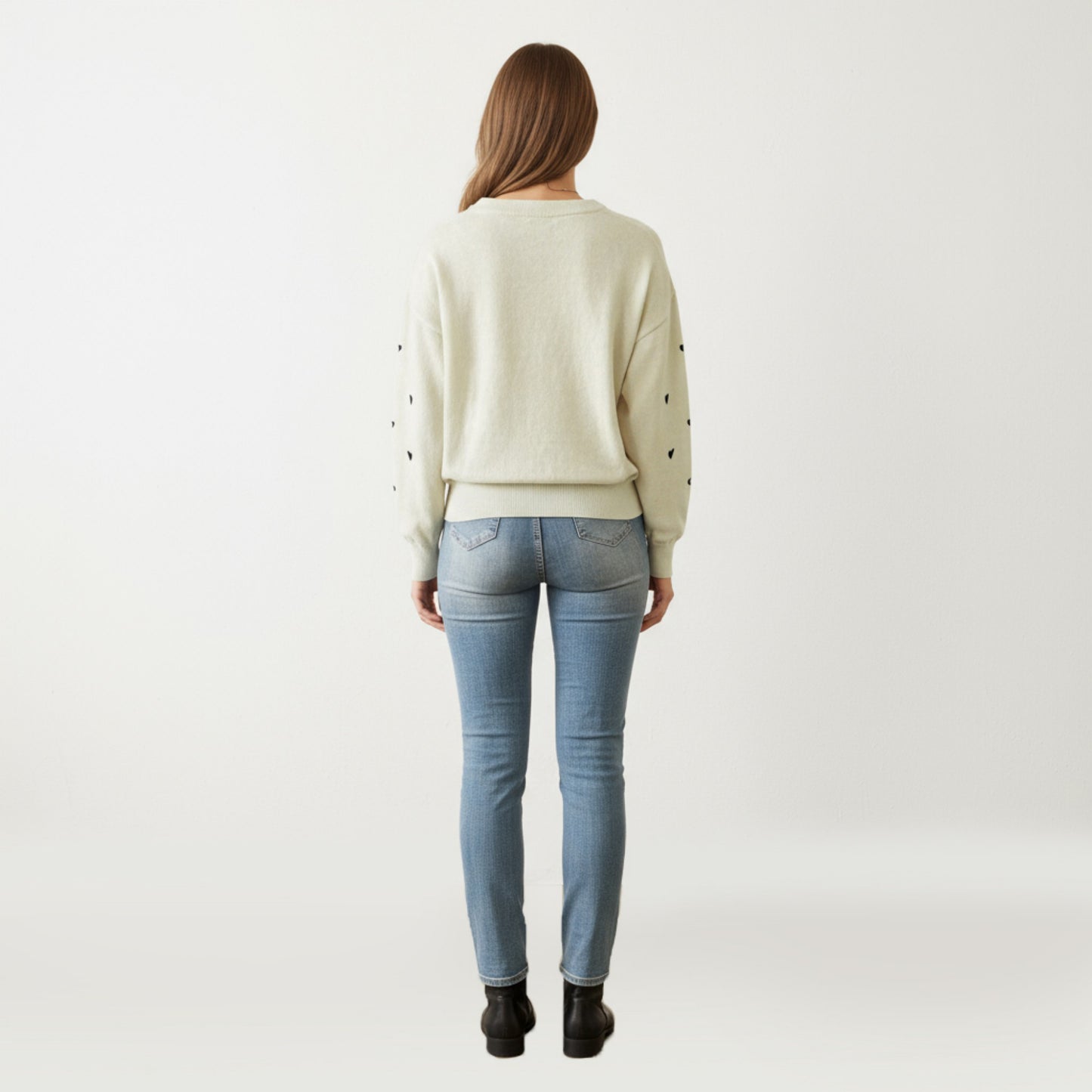 Long Sleeve Heart Pattern Knit Sweater with Ribbed Trim