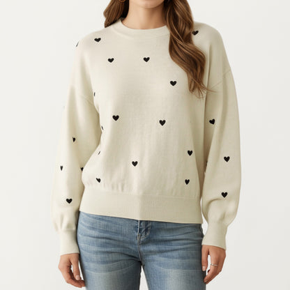 Long Sleeve Heart Pattern Knit Sweater with Ribbed Trim