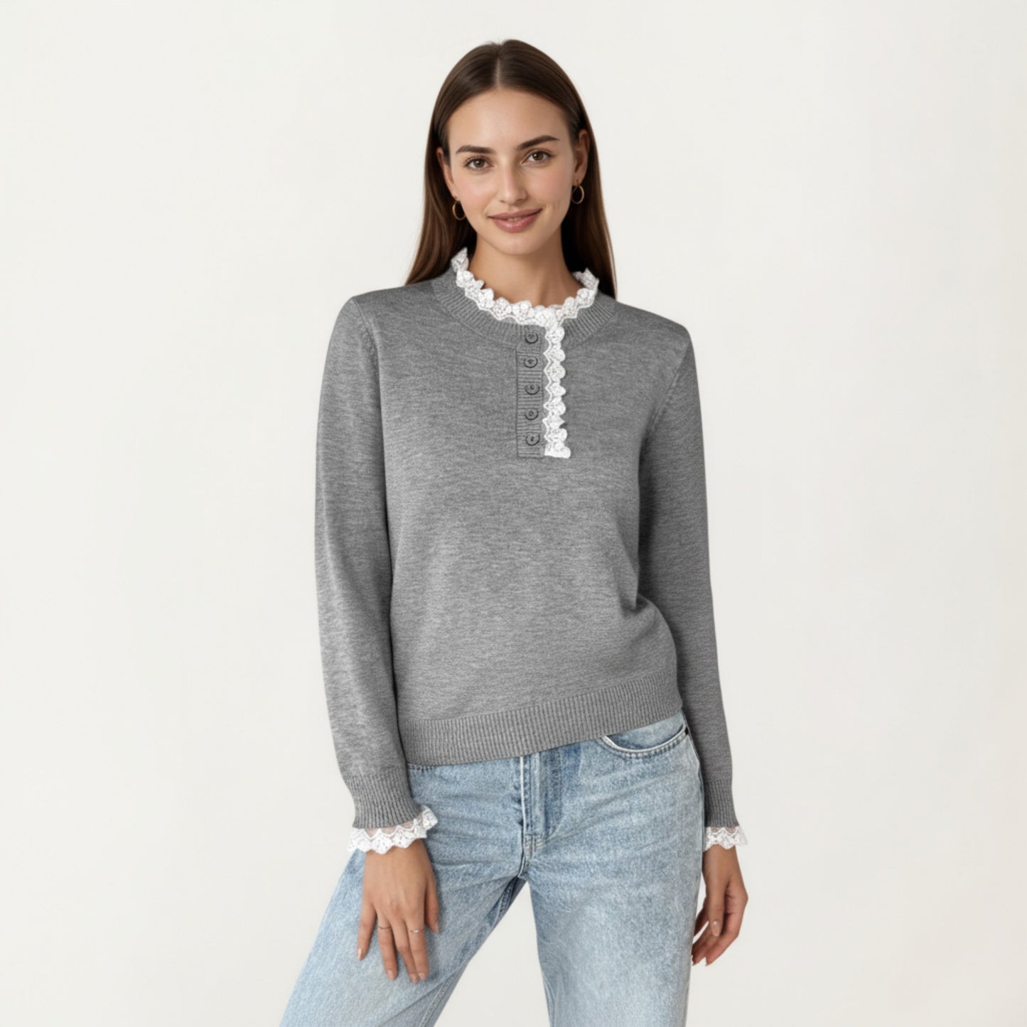 Long Sleeve Knit Top with Lace Trim Collar and Button Front Detail