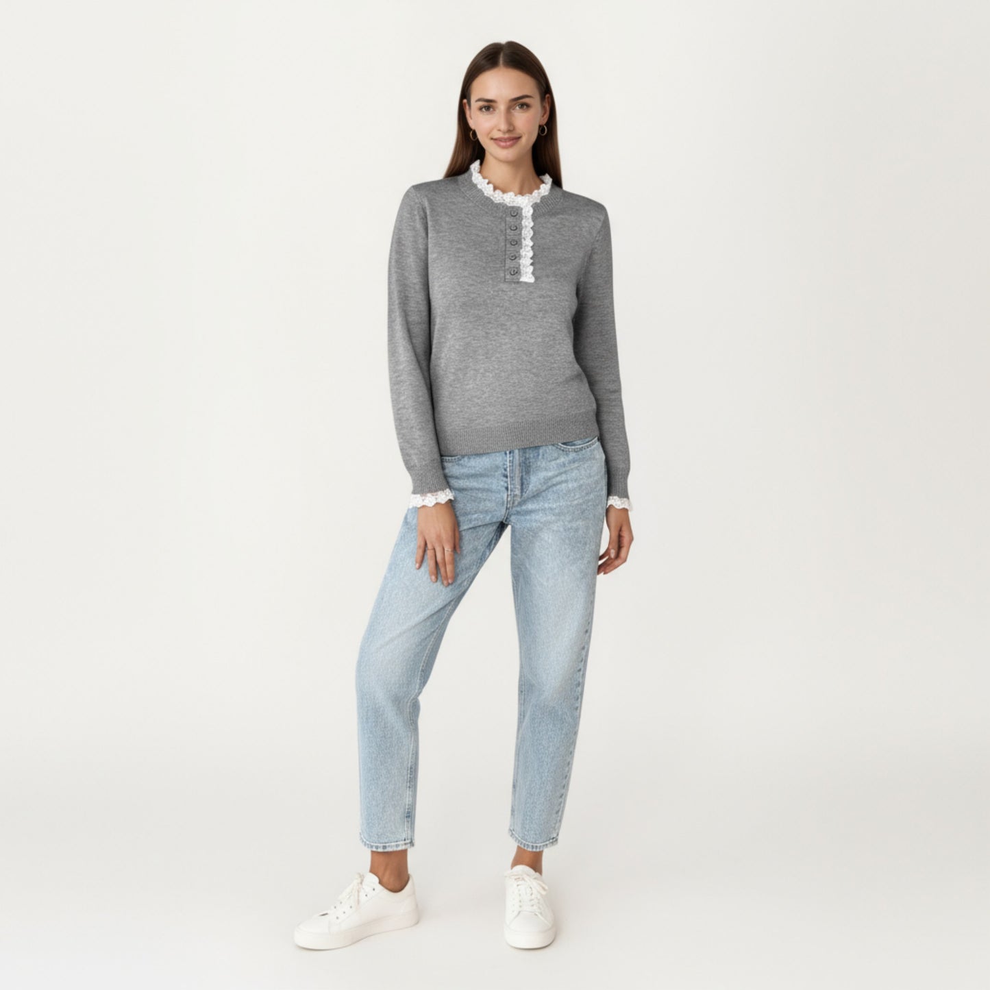 Long Sleeve Knit Top with Lace Trim Collar and Button Front Detail