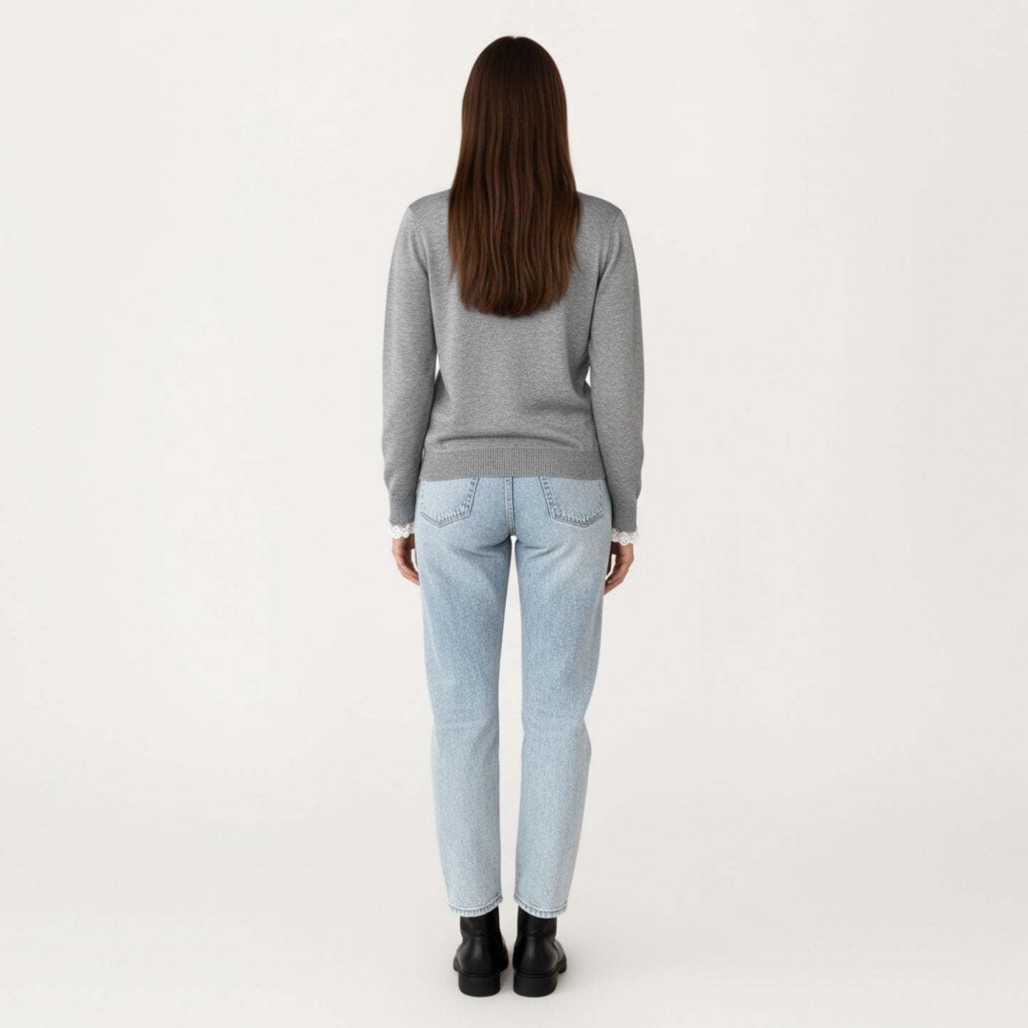 Long Sleeve Knit Top with Lace Trim Collar and Button Front Detail