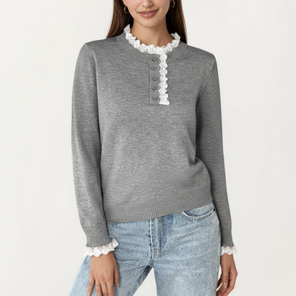 Long Sleeve Knit Top with Lace Trim Collar and Button Front Detail