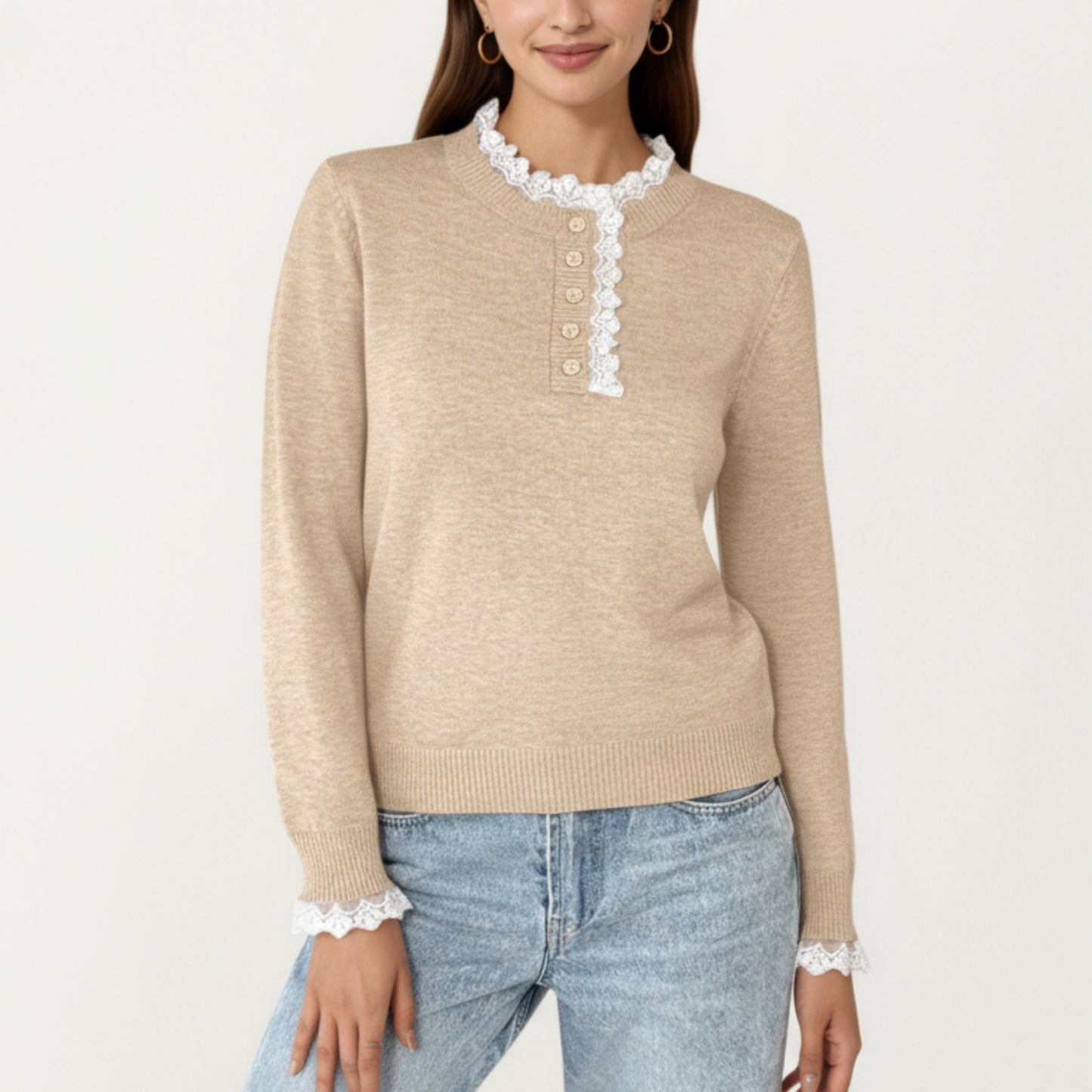 Long Sleeve Knit Top with Lace Trim Collar and Button Front Detail