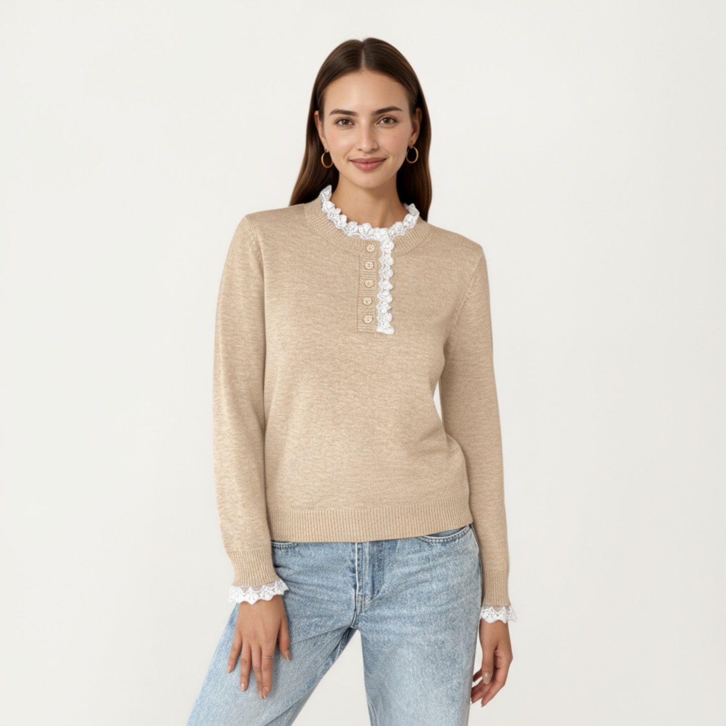 Long Sleeve Knit Top with Lace Trim Collar and Button Front Detail