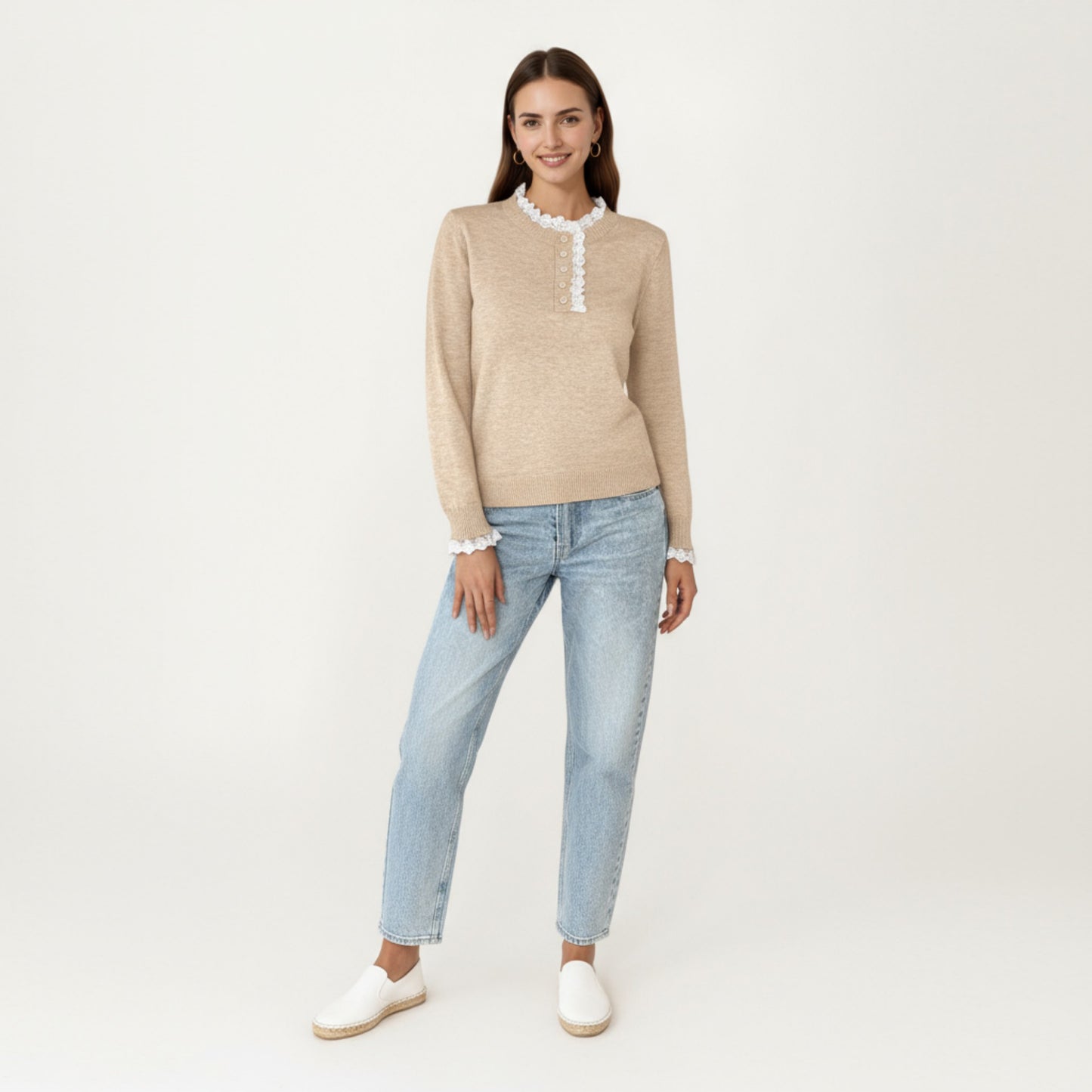 Long Sleeve Knit Top with Lace Trim Collar and Button Front Detail