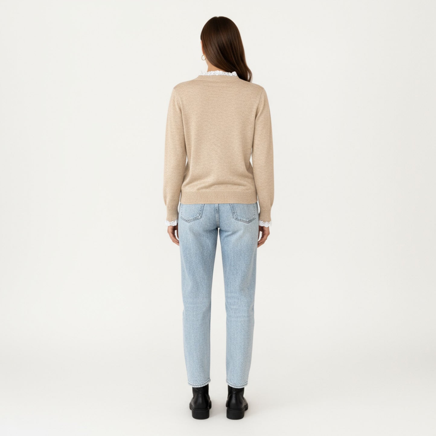 Long Sleeve Knit Top with Lace Trim Collar and Button Front Detail