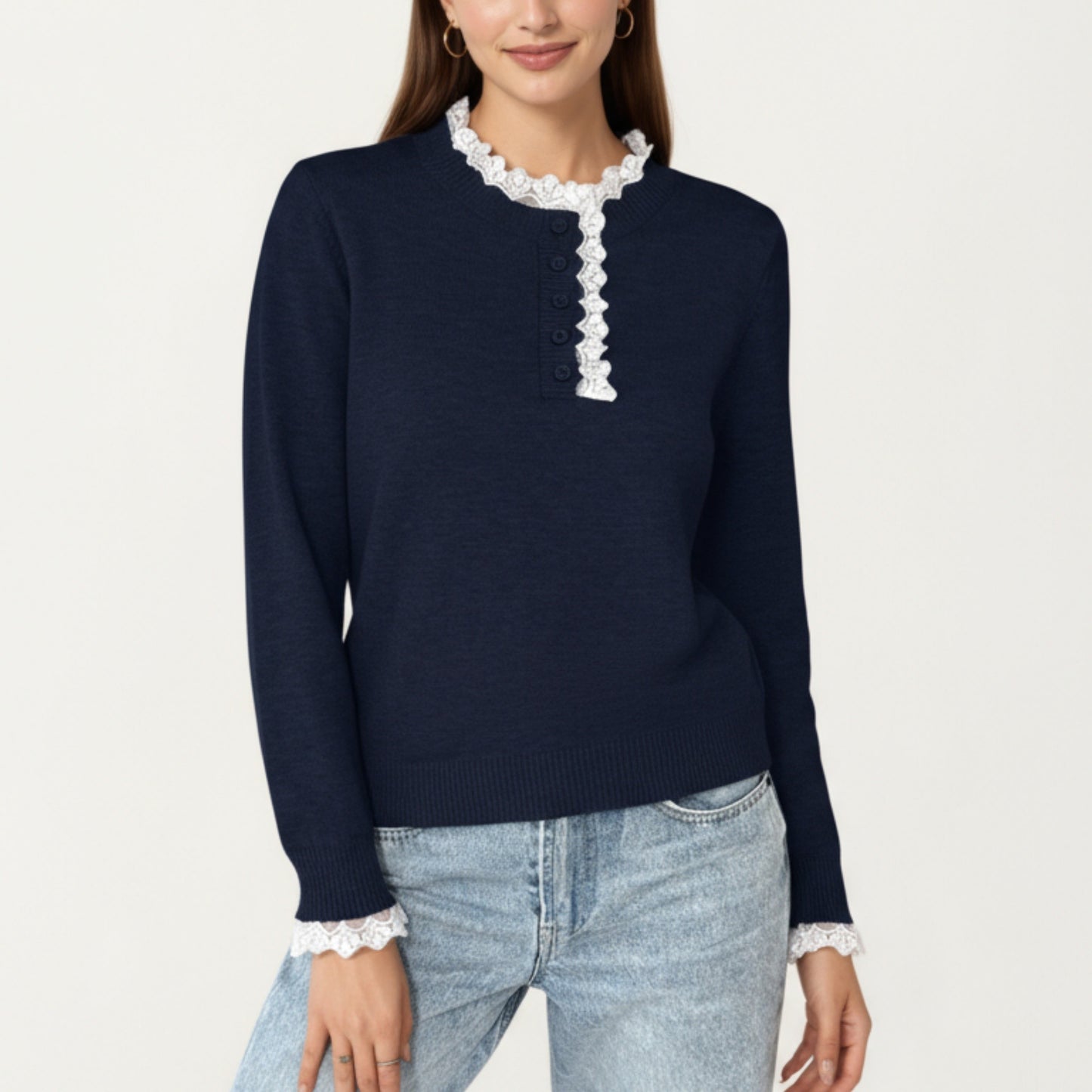 Long Sleeve Knit Top with Lace Trim Collar and Button Front Detail