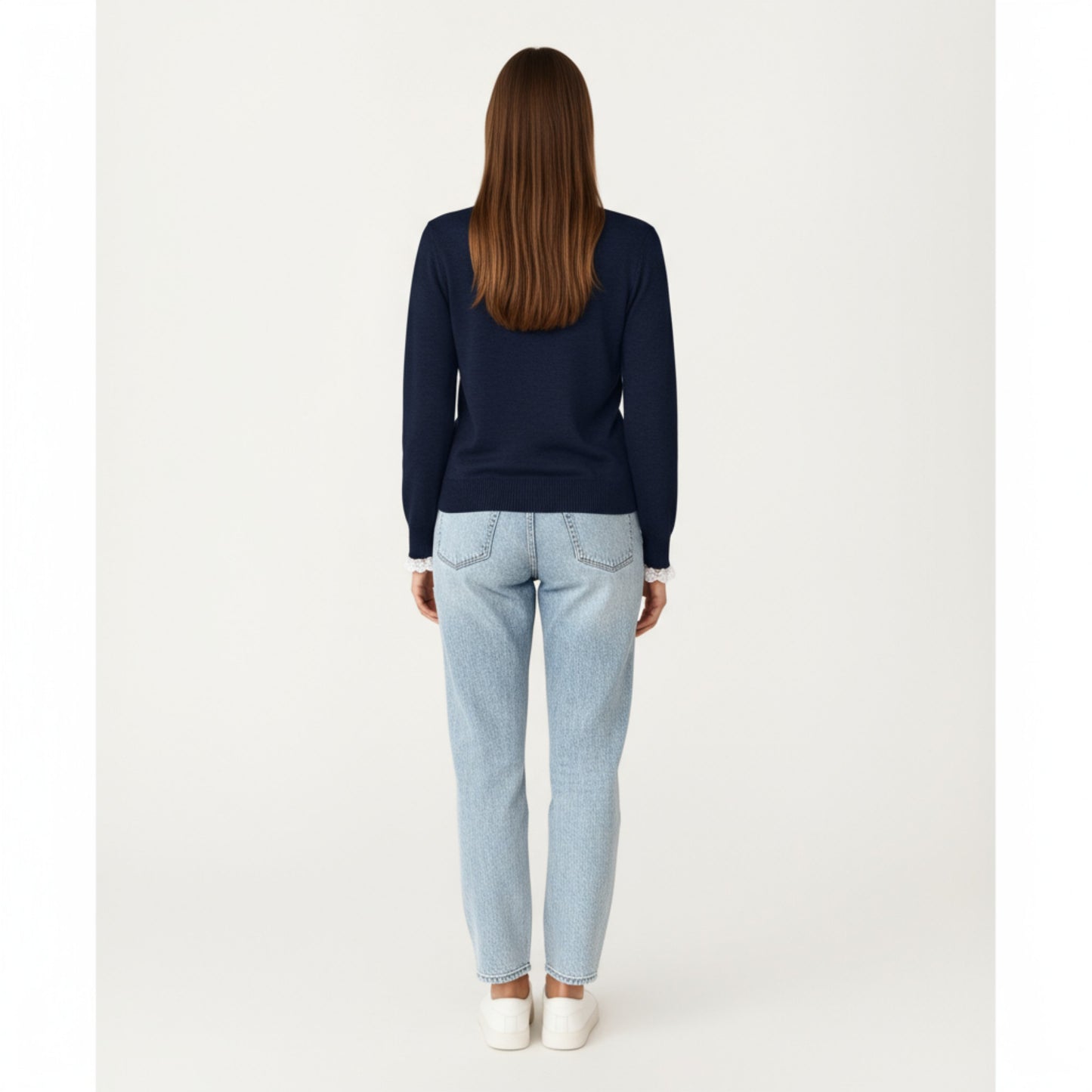 Long Sleeve Knit Top with Lace Trim Collar and Button Front Detail