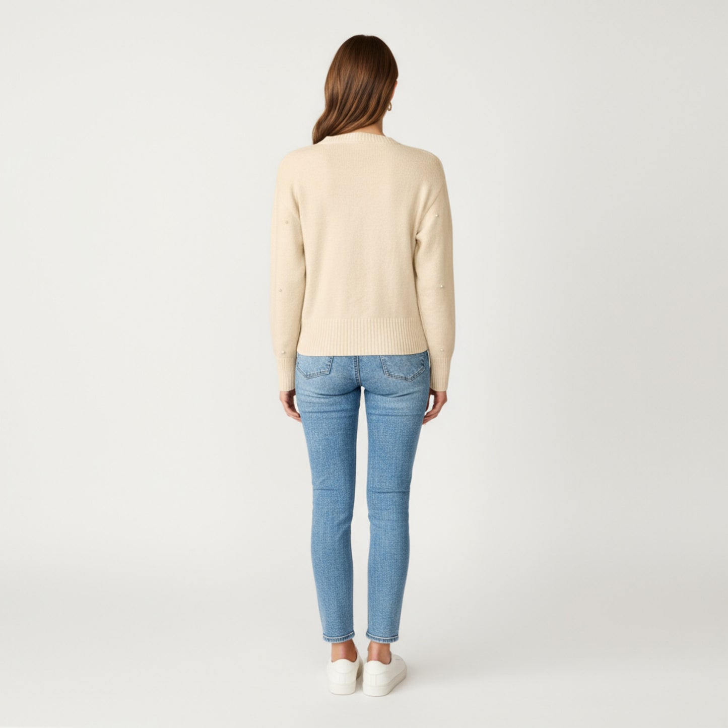 Long Sleeve Faux Pearl Embellished Knit Cardigan with Button Front Closure