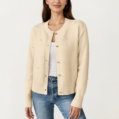Long Sleeve Faux Pearl Embellished Knit Cardigan with Button Front Closure