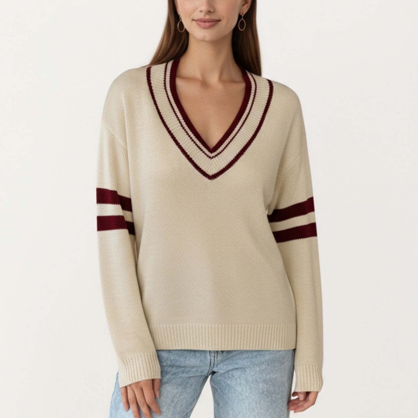 Long Sleeve V-Neck Knit Sweater with Contrast Stripe Trim and Ribbed Hem
