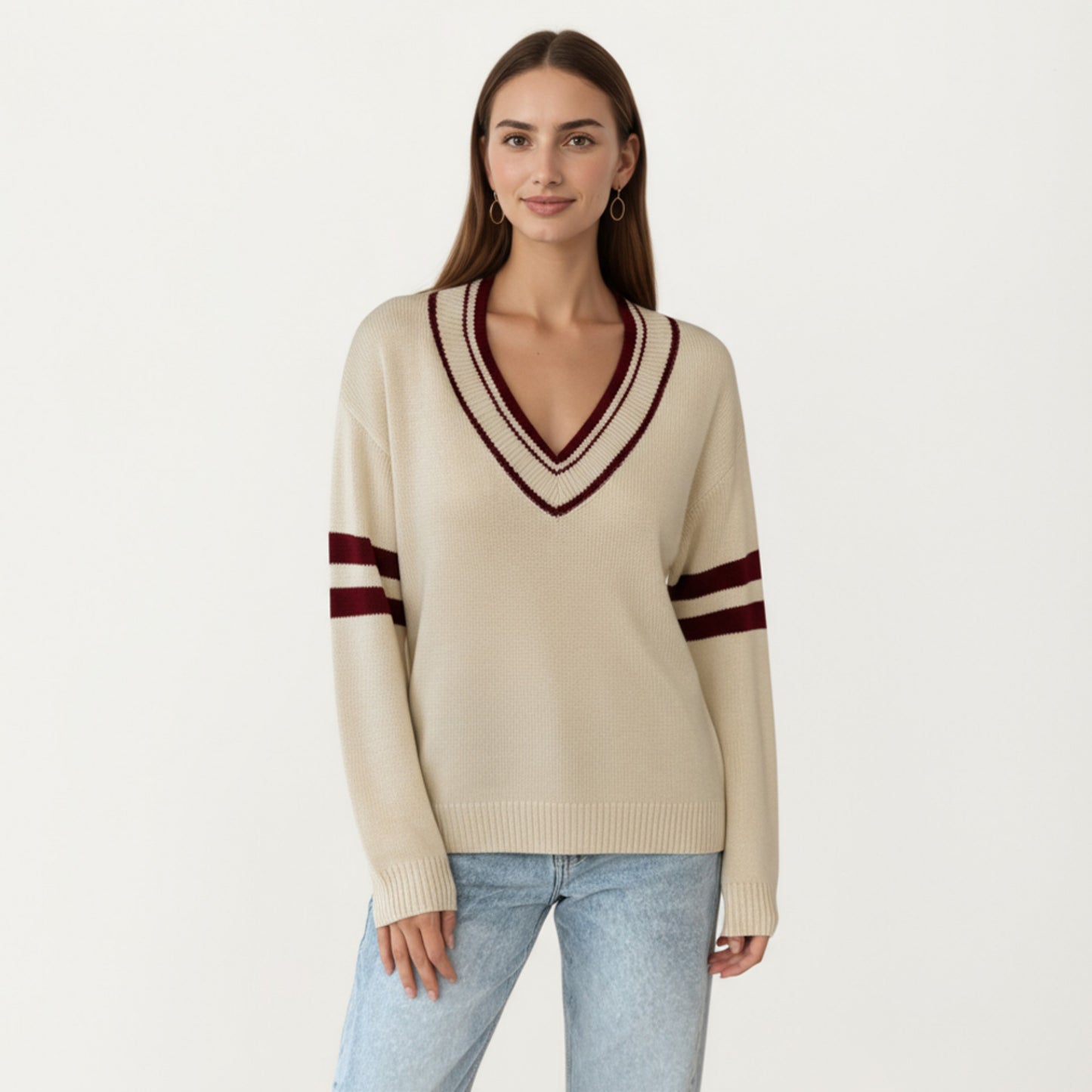 Long Sleeve V-Neck Knit Sweater with Contrast Stripe Trim and Ribbed Hem