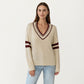 Long Sleeve V-Neck Knit Sweater with Contrast Stripe Trim and Ribbed Hem