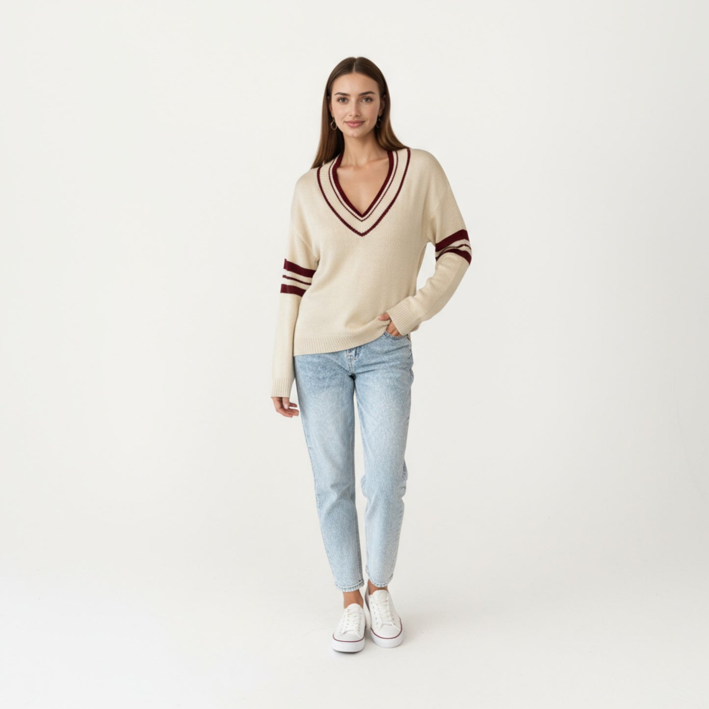 Long Sleeve V-Neck Knit Sweater with Contrast Stripe Trim and Ribbed Hem