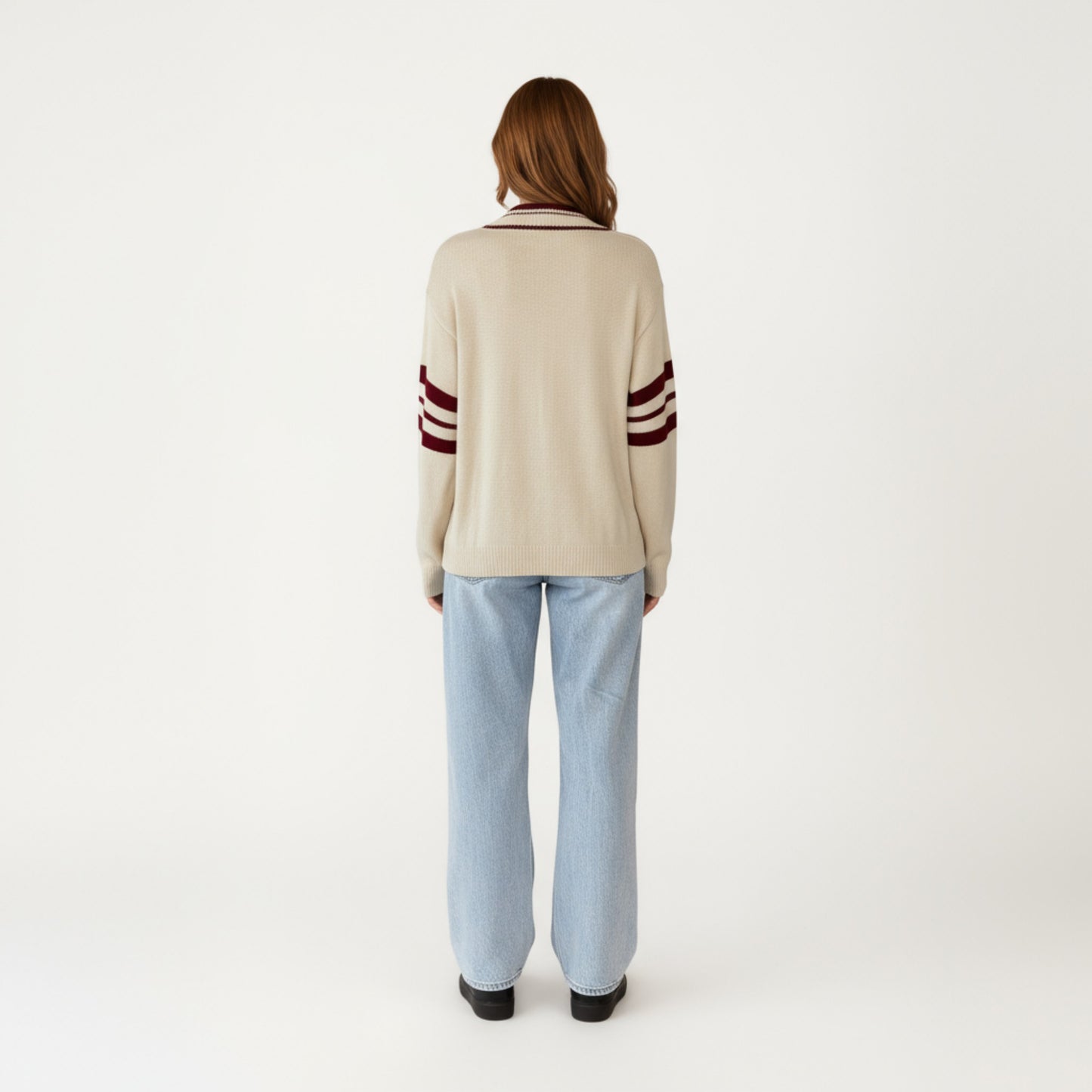 Long Sleeve V-Neck Knit Sweater with Contrast Stripe Trim and Ribbed Hem