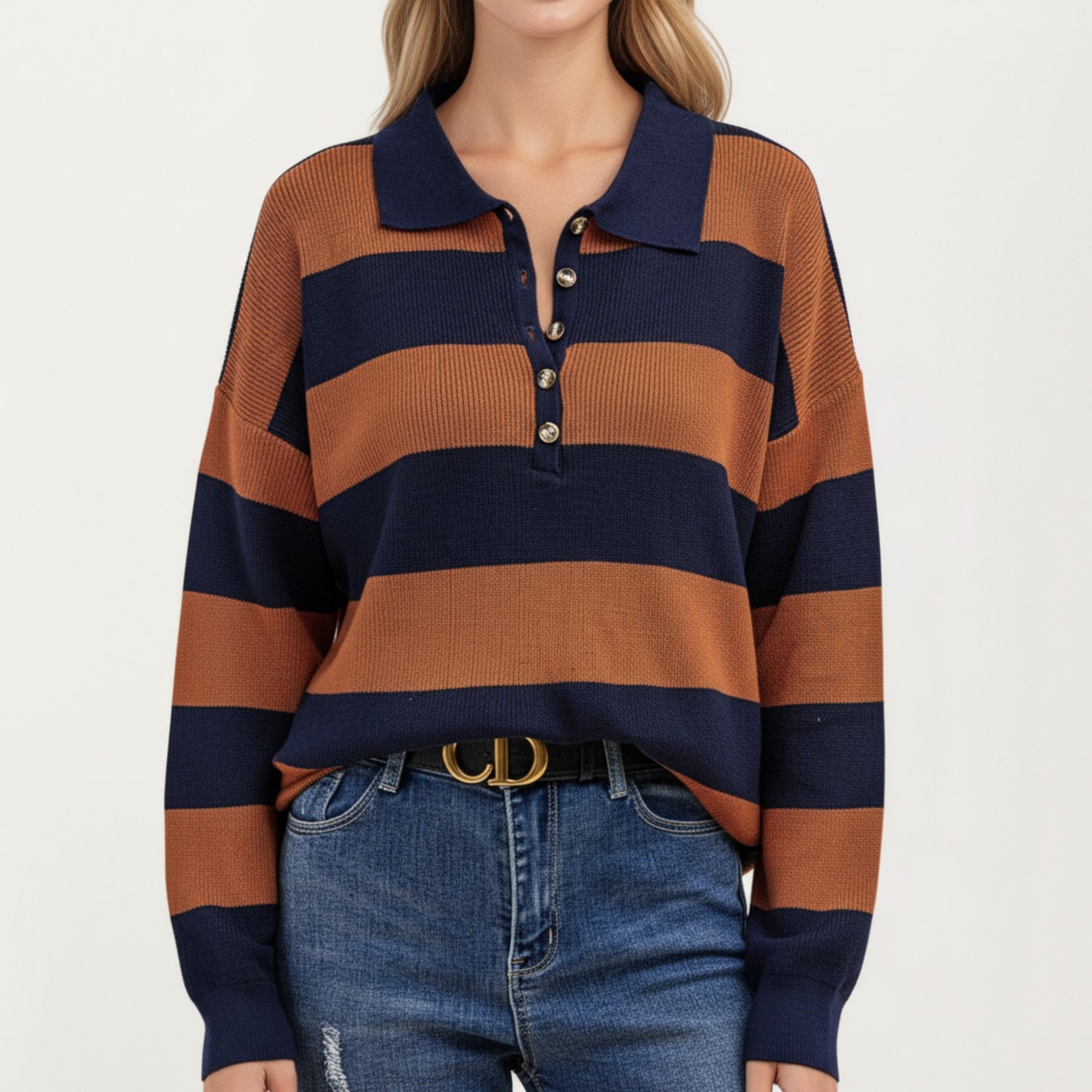 Long Sleeve Striped Knit Polo Top with Button Placket and Ribbed Cuffs