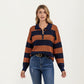 Long Sleeve Striped Knit Polo Top with Button Placket and Ribbed Cuffs