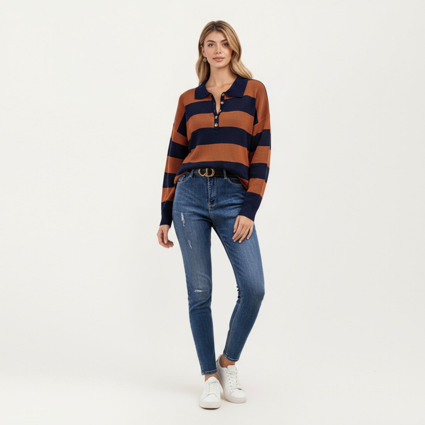 Long Sleeve Striped Knit Polo Top with Button Placket and Ribbed Cuffs