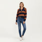 Long Sleeve Striped Knit Polo Top with Button Placket and Ribbed Cuffs