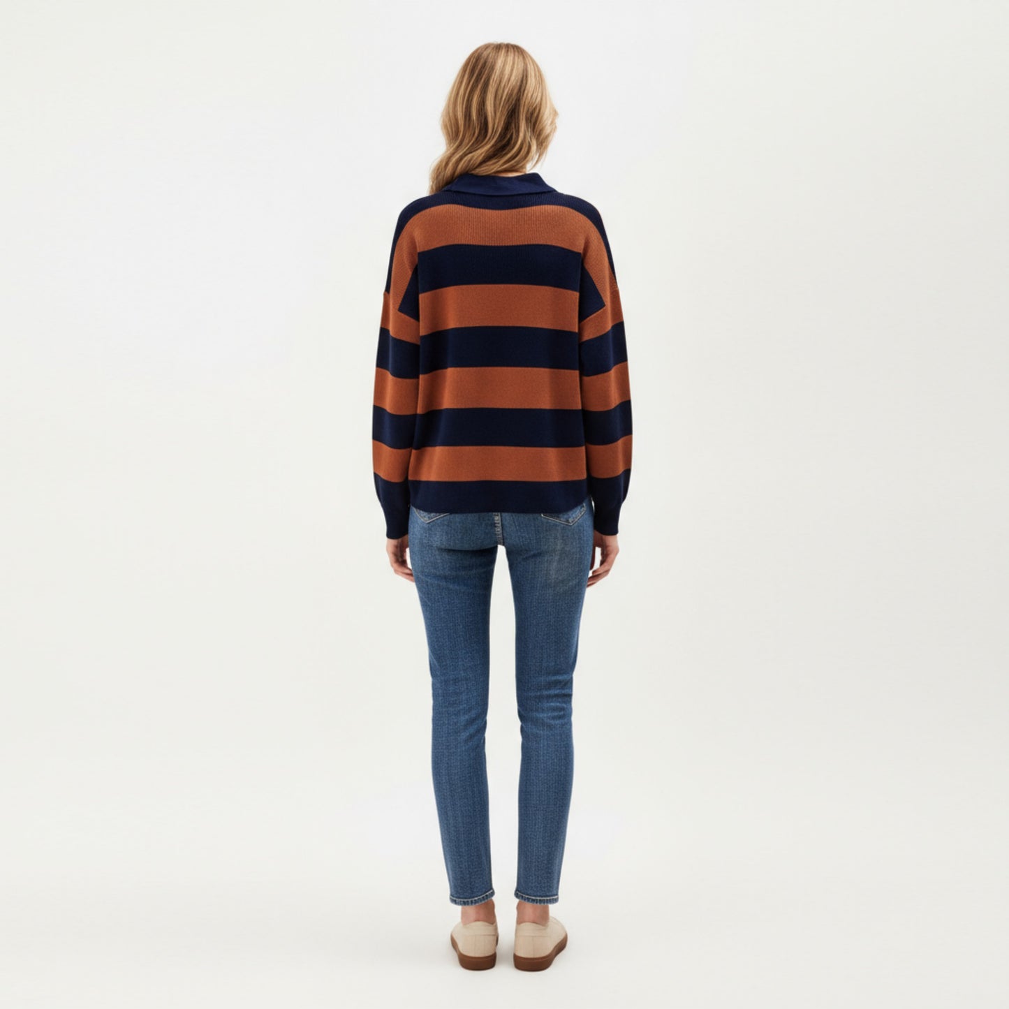 Long Sleeve Striped Knit Polo Top with Button Placket and Ribbed Cuffs